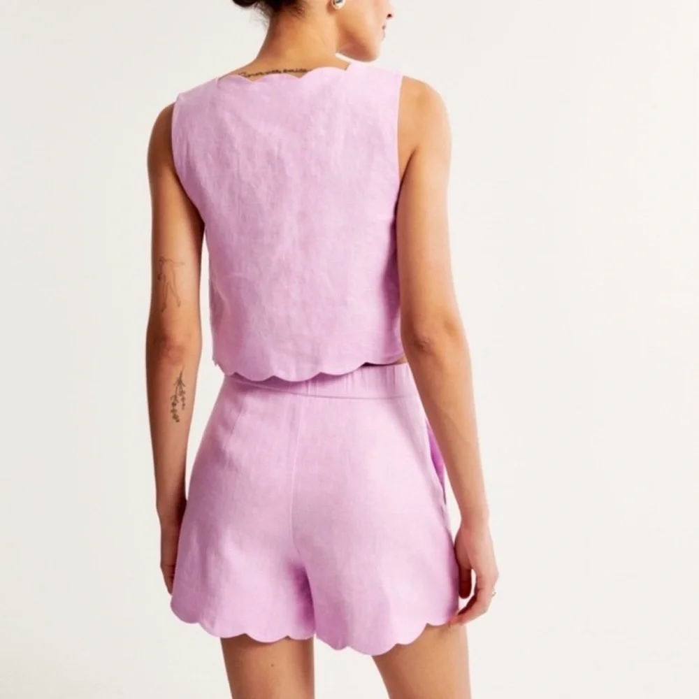 A&F Linen & Cotton Scalloped High Waist Shorts Pockets Feminine Sweet Summer - Picture 3 of 12